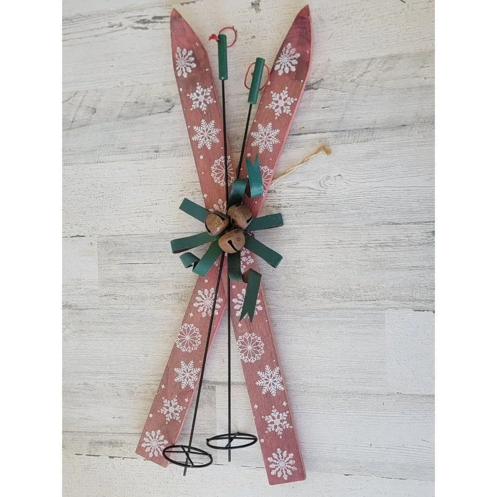 Wooden rustic skiing ski bells‎ sign xmas snowflake hanging